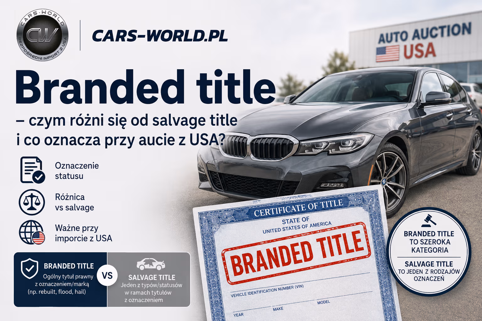 Branded title – czym różni się od salvage title i co oznacza przy aucie z USA?